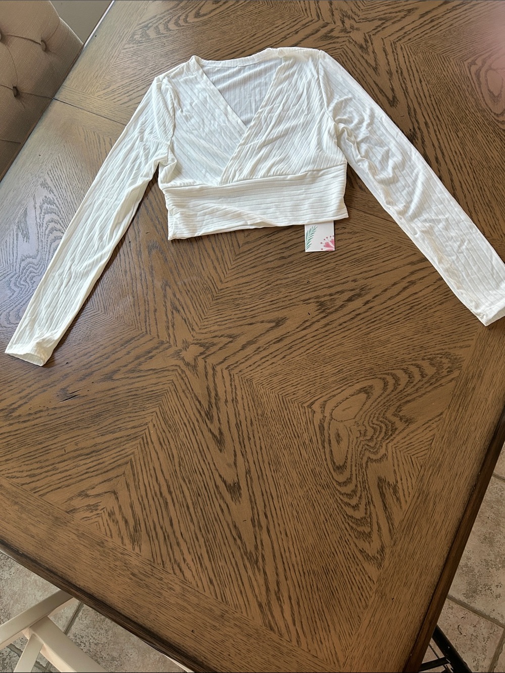 White Long-Sleeve Ribbed Wrap Crop Top